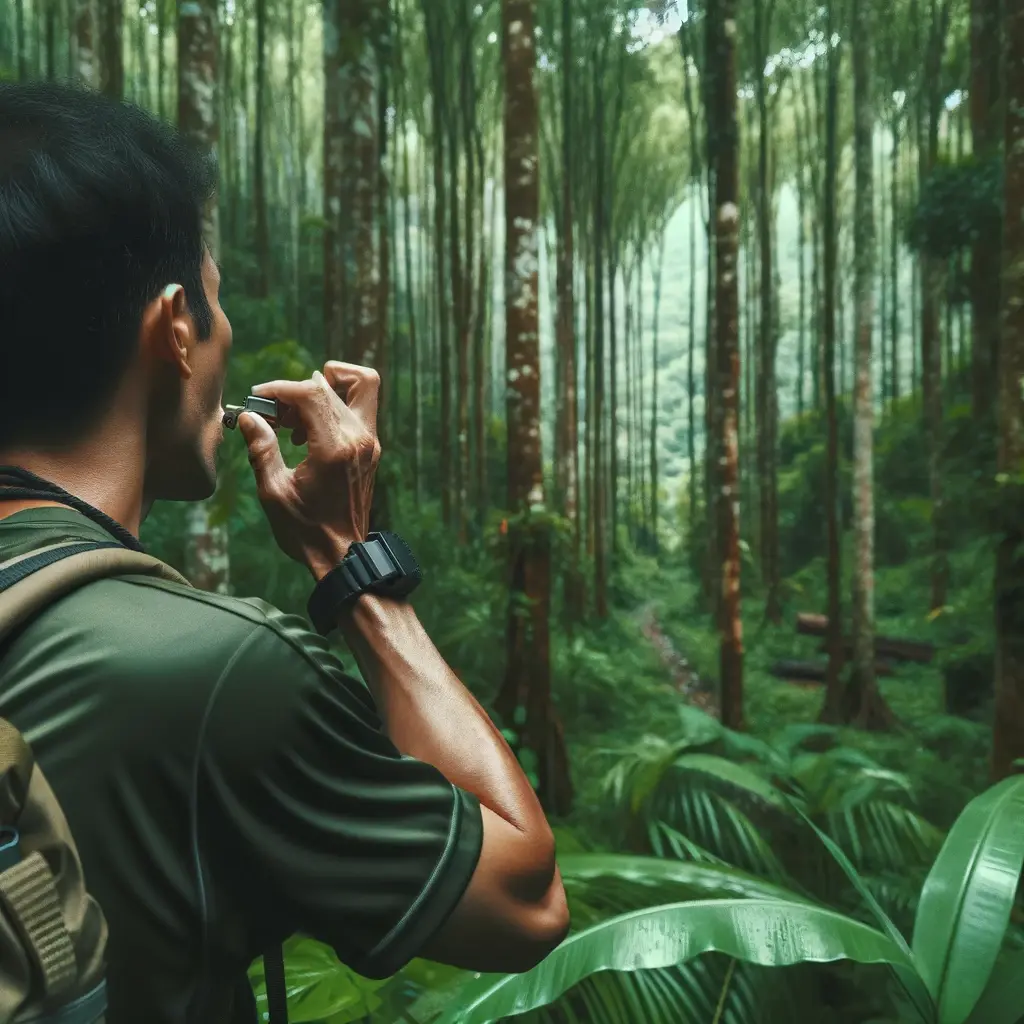 A hiker blowing a loud whistle in a dense forest, signaling for help.