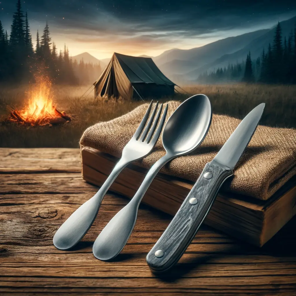 A set of stainless steel camping utensils including a fork, spoon, and knife, placed on a rustic wooden surface with a backdrop of a camping scene