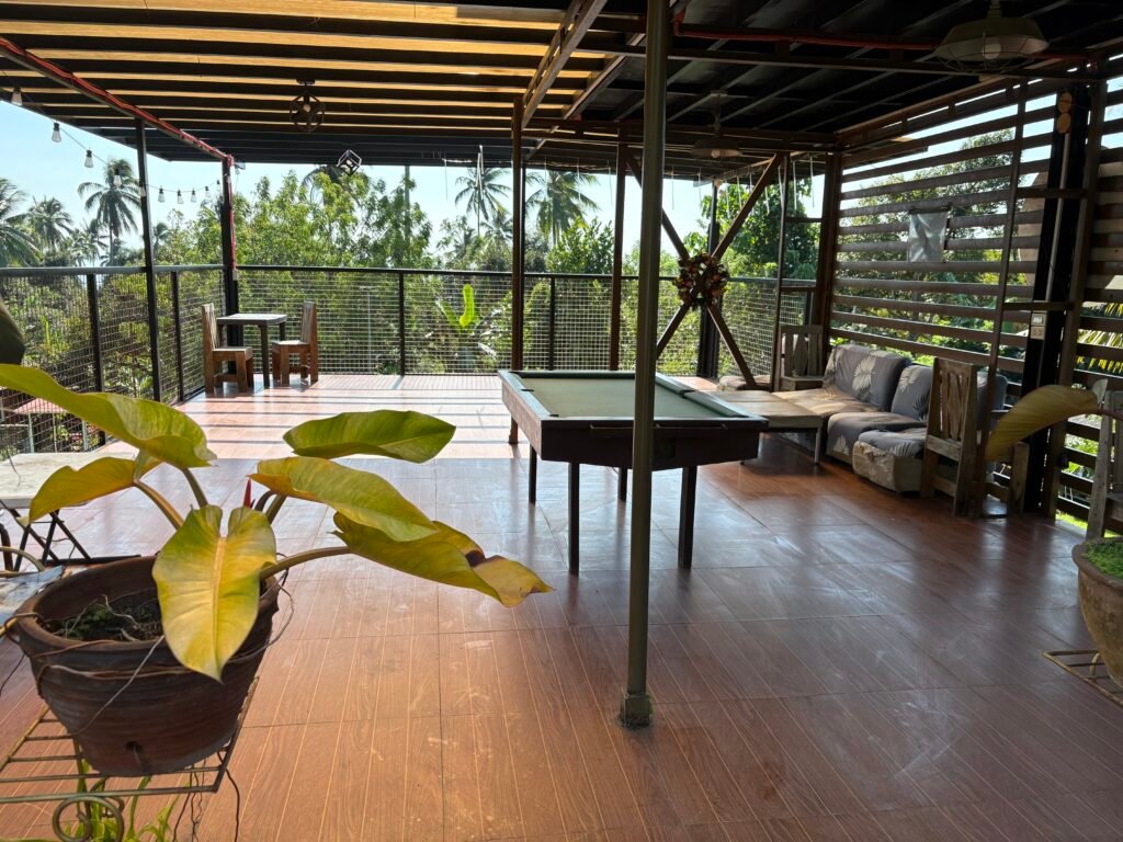 2nd floor open-air recreation hall at Esoj Sky Garden with billiards and mountain views