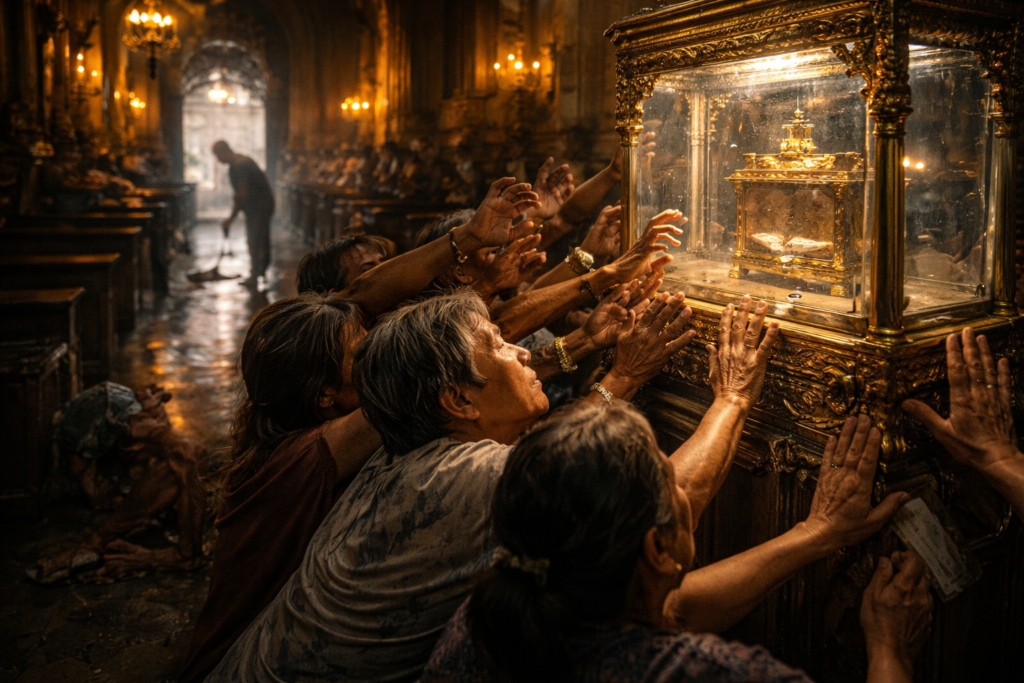 A crowd of desperate worshippers presses their hands against a glass case containing a sacred relic inside a dimly lit church, while a lone janitor quietly cleans the floor in the background, unnoticed—highlighting the contrast between intense devotion to objects and neglect of the living.