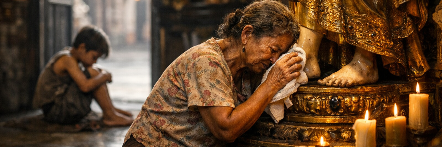Elderly woman kneels inside a richly decorated church, tearfully wiping the feet of a golden religious statue with a cloth, while a poor, hungry child sits alone outside the open doorway in the background—highlighting the contrast between devotion to lifeless idols and neglect of living human need.