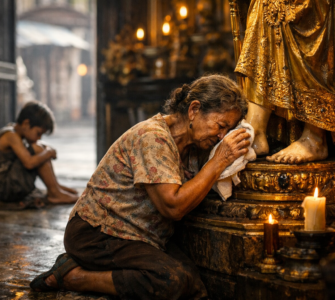 Elderly woman kneels inside a richly decorated church, tearfully wiping the feet of a golden religious statue with a cloth, while a poor, hungry child sits alone outside the open doorway in the background—highlighting the contrast between devotion to lifeless idols and neglect of living human need.