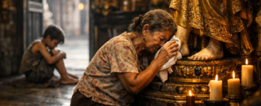 Elderly woman kneels inside a richly decorated church, tearfully wiping the feet of a golden religious statue with a cloth, while a poor, hungry child sits alone outside the open doorway in the background—highlighting the contrast between devotion to lifeless idols and neglect of living human need.