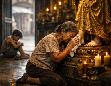 Elderly woman kneels inside a richly decorated church, tearfully wiping the feet of a golden religious statue with a cloth, while a poor, hungry child sits alone outside the open doorway in the background—highlighting the contrast between devotion to lifeless idols and neglect of living human need.