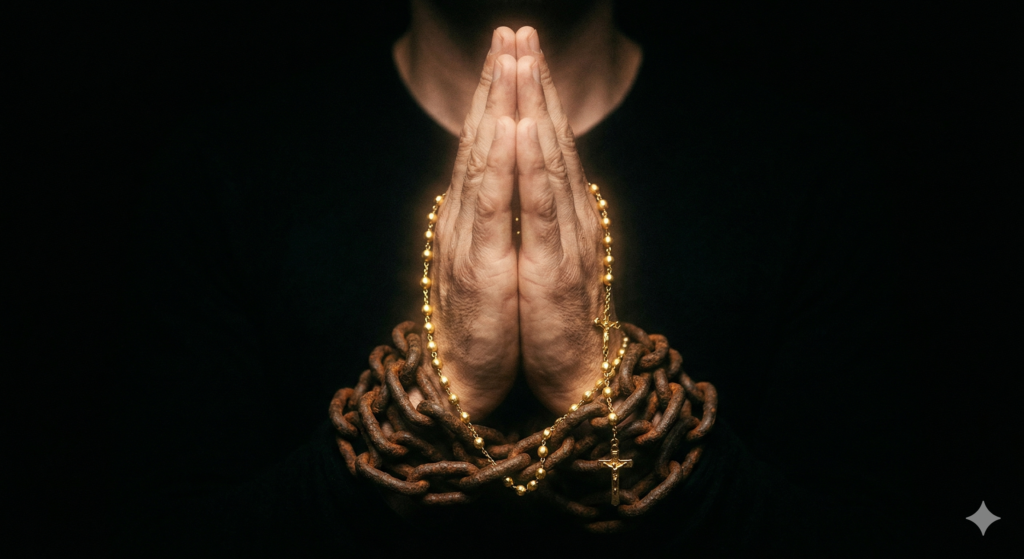 A close-up photograph of a person's hands clasped in a traditional prayer posture, emerging from a dark background. Their wrists are bound by heavy, rusted iron chains, but a glowing golden rosary with a small crucifix is intricately draped and intertwined with the chain links.