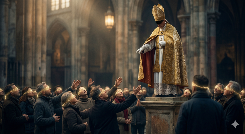 A religious leader in opulent gold vestments standing on a high pedestal, pointing down at a crowd of people wearing glowing golden blindfolds.