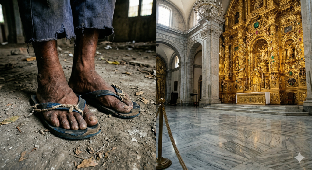 A split-screen composition showing dirt-stained feet in broken blue flip-flops on a dusty ground next to a polished marble church interior with a massive, ornate gold altar.