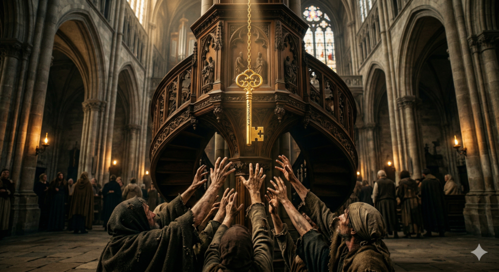 Ornate gold key labeled "KARUNUNGAN" hanging from a tall wooden pulpit in a cathedral as hands reach up desperately.