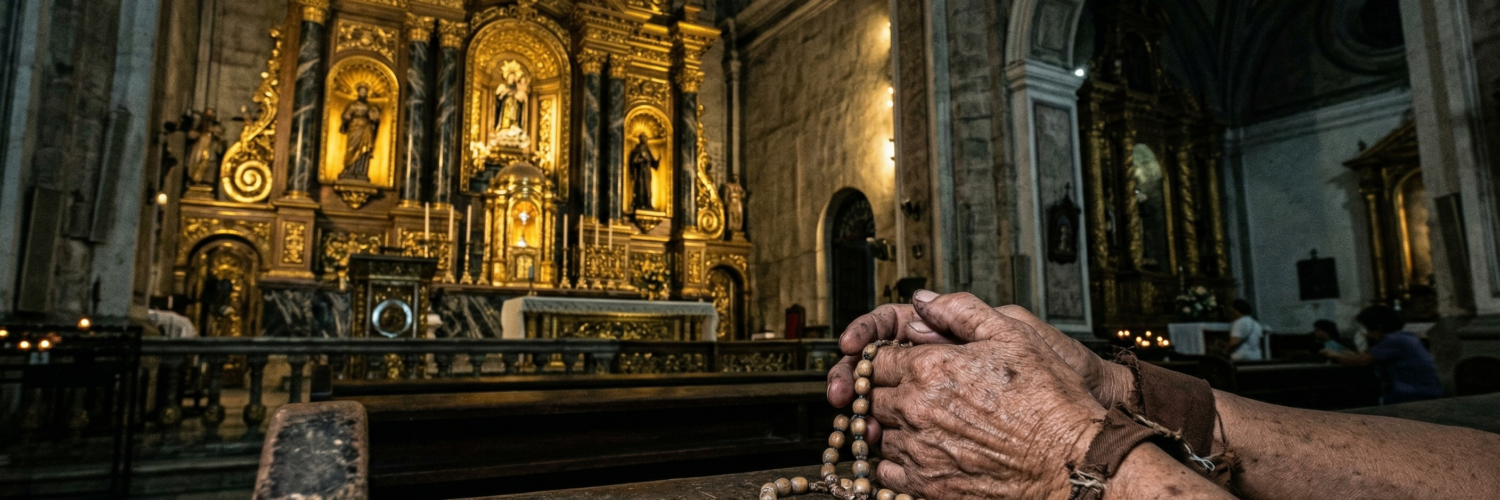 Close-up of calloused, weathered hands holding a wooden rosary on a worn pew in a dimly lit Philippine cathedral, with a blurred opulent gold altar in the background