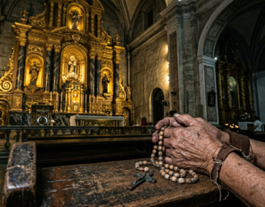 Close-up of calloused, weathered hands holding a wooden rosary on a worn pew in a dimly lit Philippine cathedral, with a blurred opulent gold altar in the background