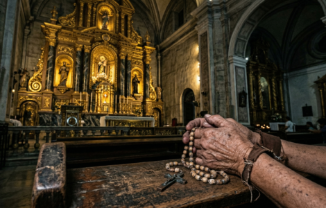 Close-up of calloused, weathered hands holding a wooden rosary on a worn pew in a dimly lit Philippine cathedral, with a blurred opulent gold altar in the background