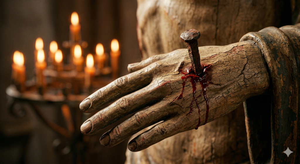 A powerful close-up photograph capturing the wounded hand of a weathered wooden crucifix, a large nail driven through it, trickling blood visible, with blurred candlelight creating a somber background in a religious setting.