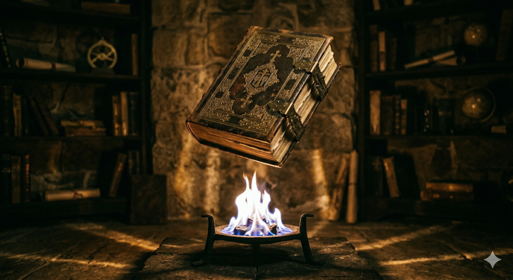 A metaphorical image representing the tension between dogma and critical analysis, featuring an ancient book floating and pulling away from a small, hot fire in a mystical, dark-lit study.