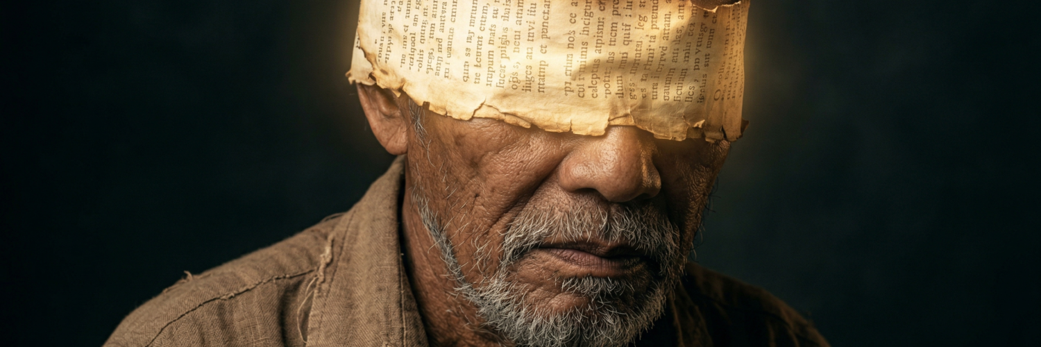 A hyper-realistic close-up portrait of an elderly Filipino man with a pensive expression, wearing a worn linen shirt. A blindfold made of aged, glowing parchment with Latin scripture covers his eyes, set against a dark, moody background with dramatic cinematic lighting.