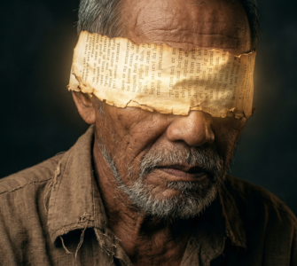A hyper-realistic close-up portrait of an elderly Filipino man with a pensive expression, wearing a worn linen shirt. A blindfold made of aged, glowing parchment with Latin scripture covers his eyes, set against a dark, moody background with dramatic cinematic lighting.