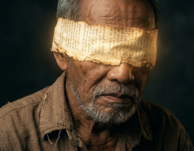 A hyper-realistic close-up portrait of an elderly Filipino man with a pensive expression, wearing a worn linen shirt. A blindfold made of aged, glowing parchment with Latin scripture covers his eyes, set against a dark, moody background with dramatic cinematic lighting.