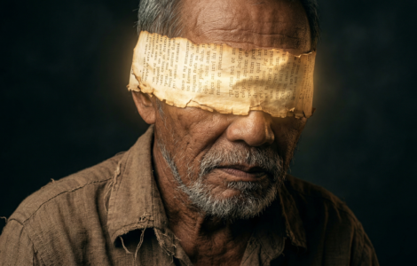 A hyper-realistic close-up portrait of an elderly Filipino man with a pensive expression, wearing a worn linen shirt. A blindfold made of aged, glowing parchment with Latin scripture covers his eyes, set against a dark, moody background with dramatic cinematic lighting.