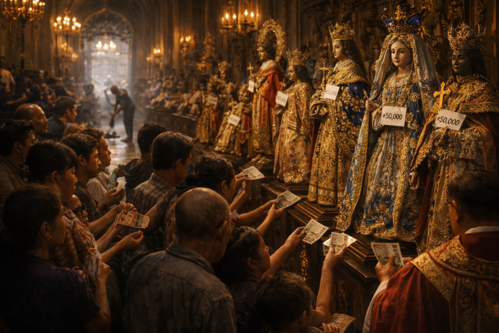 Devotees line up inside a lavish church, offering money toward richly dressed religious statues displayed with price tags, while a poor family sits ignored in the background—symbolizing the commercialization of faith and neglect of human need.