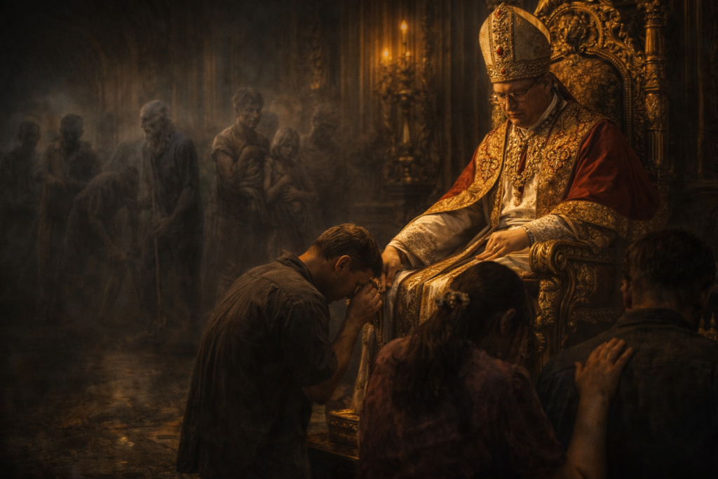 A richly dressed religious leader sits on a golden throne as devotees kneel and kiss his hand in reverence, while shadowy figures of the poor linger in the background—highlighting the contrast between power, idolization, and unseen suffering.