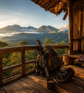 A packed hiking backpack, trekking poles, and local coffee on a rustic hiker lodging balcony in the Mindanao highlands at sunrise, representing pre-hike basecamps.