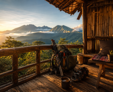 A packed hiking backpack, trekking poles, and local coffee on a rustic hiker lodging balcony in the Mindanao highlands at sunrise, representing pre-hike basecamps.