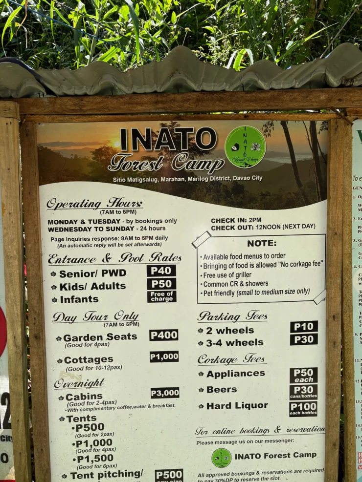 Inato Forest Camp marilog davao rates and fees