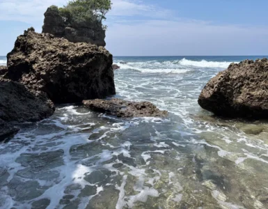 Offshore rock formation topped with trees and waves rolling over clear shallow water at Cape San Agustin in Governor Generoso, Davao Oriental